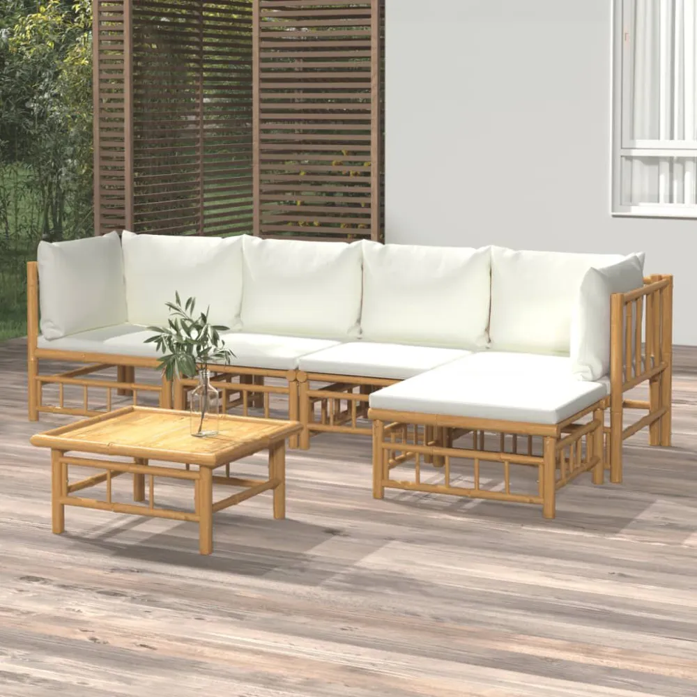 Set Salotto da Giardino 6pz con Cuscini Bianco Crema Bambù con Struttura Acciaio