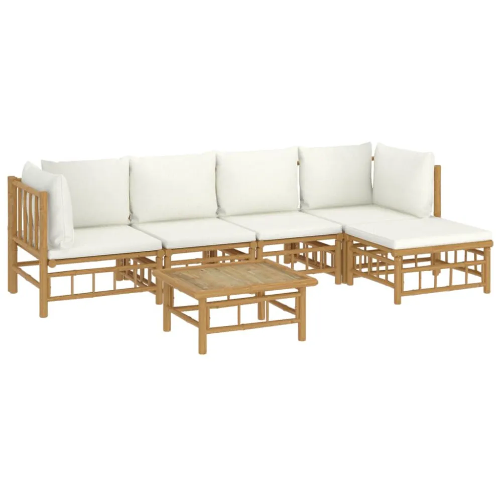 Set Salotto da Giardino 6pz con Cuscini Bianco Crema Bambù con Struttura Acciaio