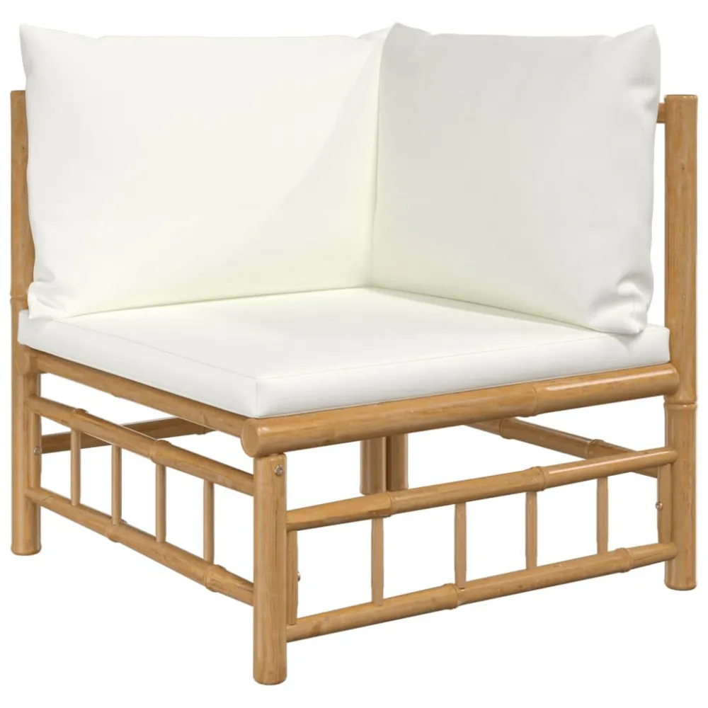 Set Salotto da Giardino 6pz con Cuscini Bianco Crema Bambù con Struttura Acciaio