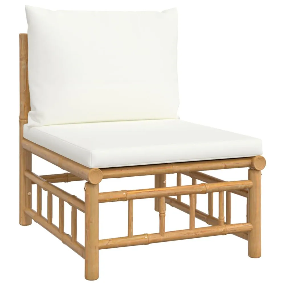 Set Salotto da Giardino 6pz con Cuscini Bianco Crema Bambù con Struttura Acciaio