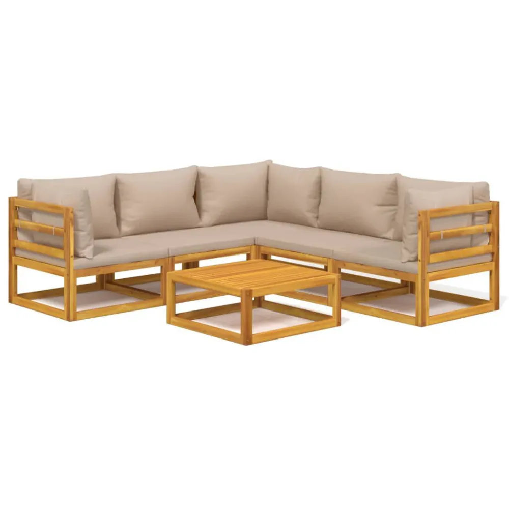 Set Salotto da Giardino 6pz con Cuscini Tortora Legno Massello per Relax all'Aperto