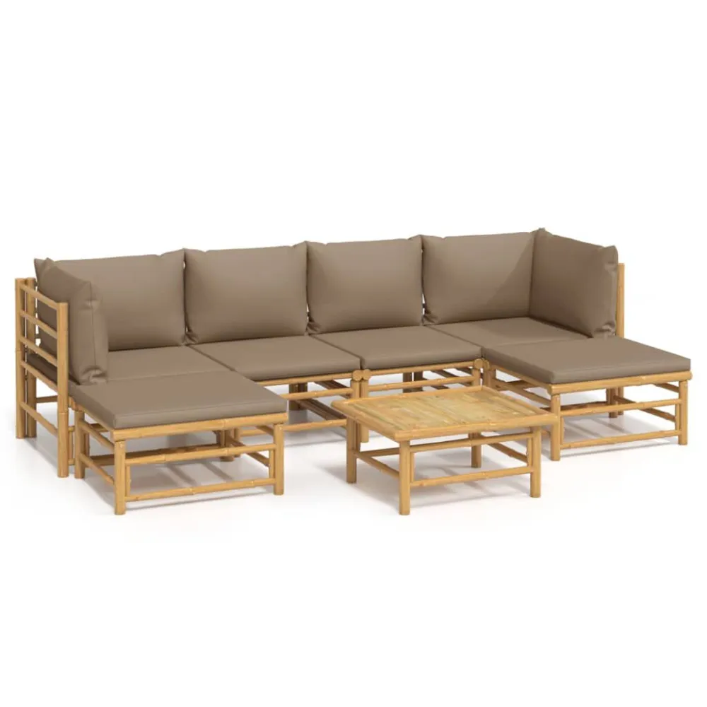 Set Salotto da Giardino 7pz con Cuscini Tortora Bambù Colori Vivaci