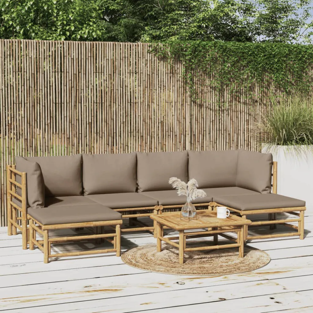 Set Salotto da Giardino 7pz con Cuscini Tortora Bambù Colori Vivaci