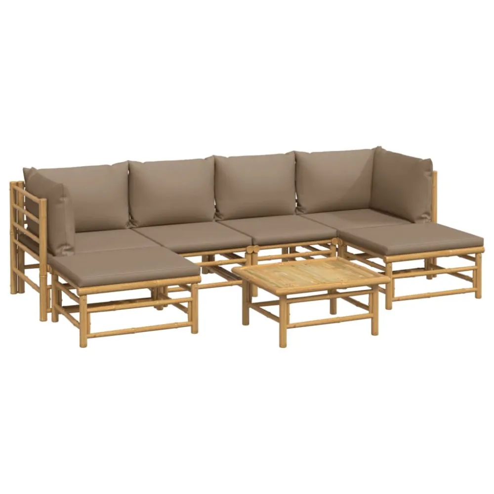 Set Salotto da Giardino 7pz con Cuscini Tortora Bambù Colori Vivaci