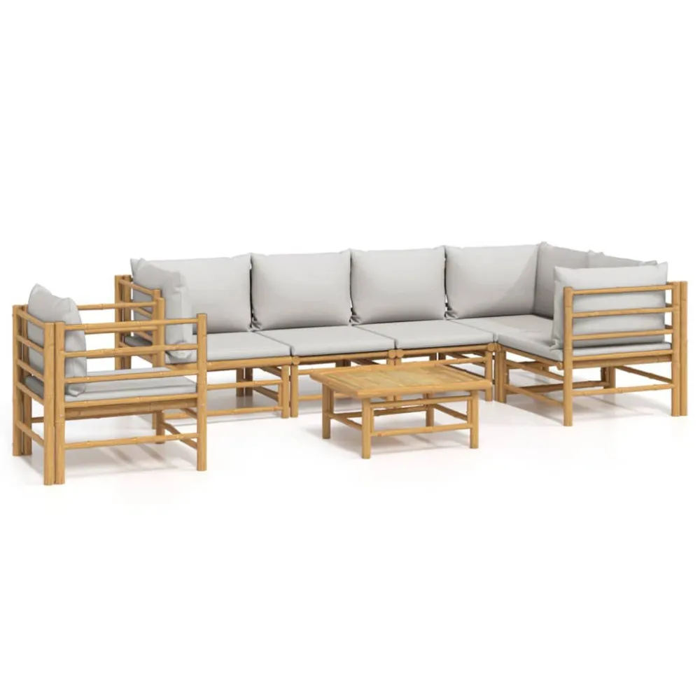Set Salotto da Giardino 7pz con Cuscini Grigio Trasparente Bambù Legno Massello