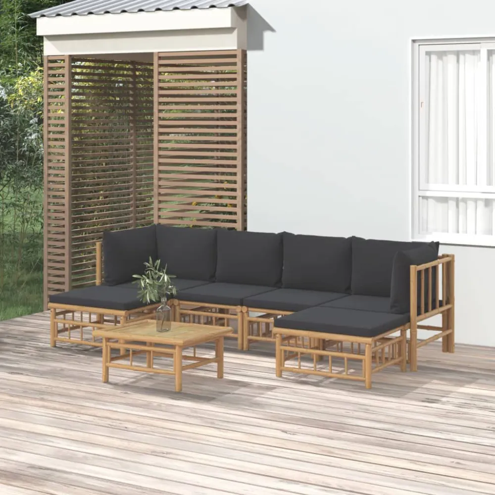 Set Salotto da Giardino 7pz con Cuscini Grigio Fosco Bambù