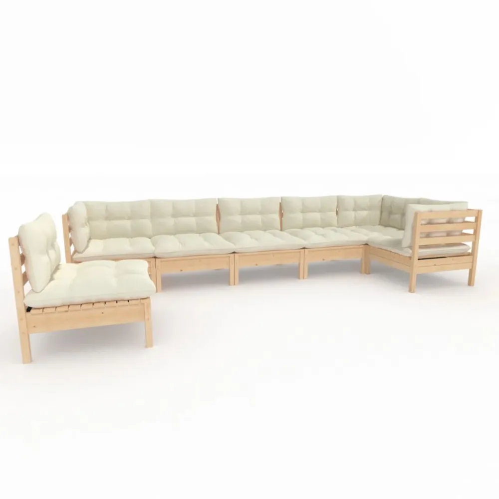 Set Salotto da Giardino 7pz con Cuscini Crema Legno di Pino con Portabicchiere Integrato