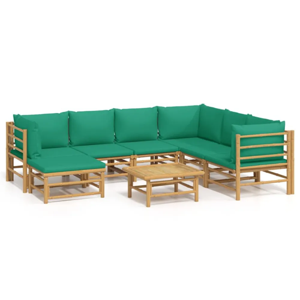 Set Salotto da Giardino 8pz con Cuscini Verdi Bambù Legno Massello