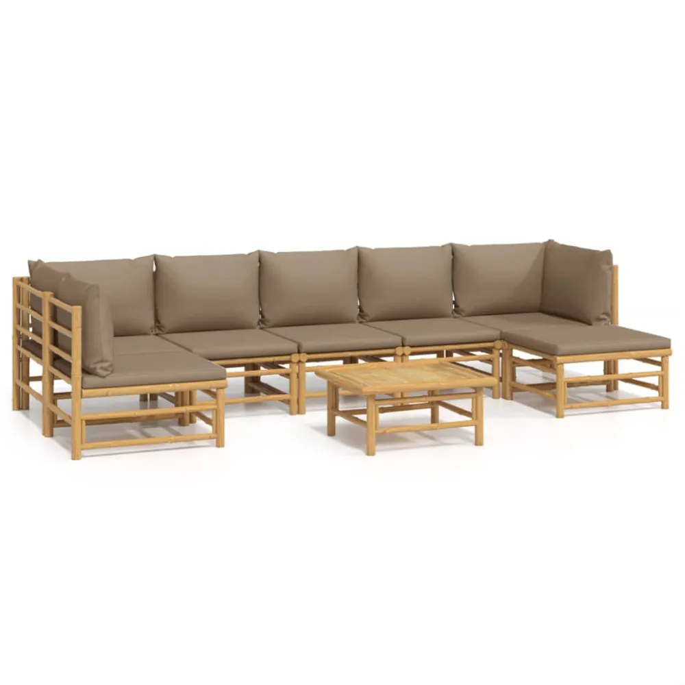 Set Salotto da Giardino 8pz con Cuscini Tortora Bambù con Cuscino Estraibile
