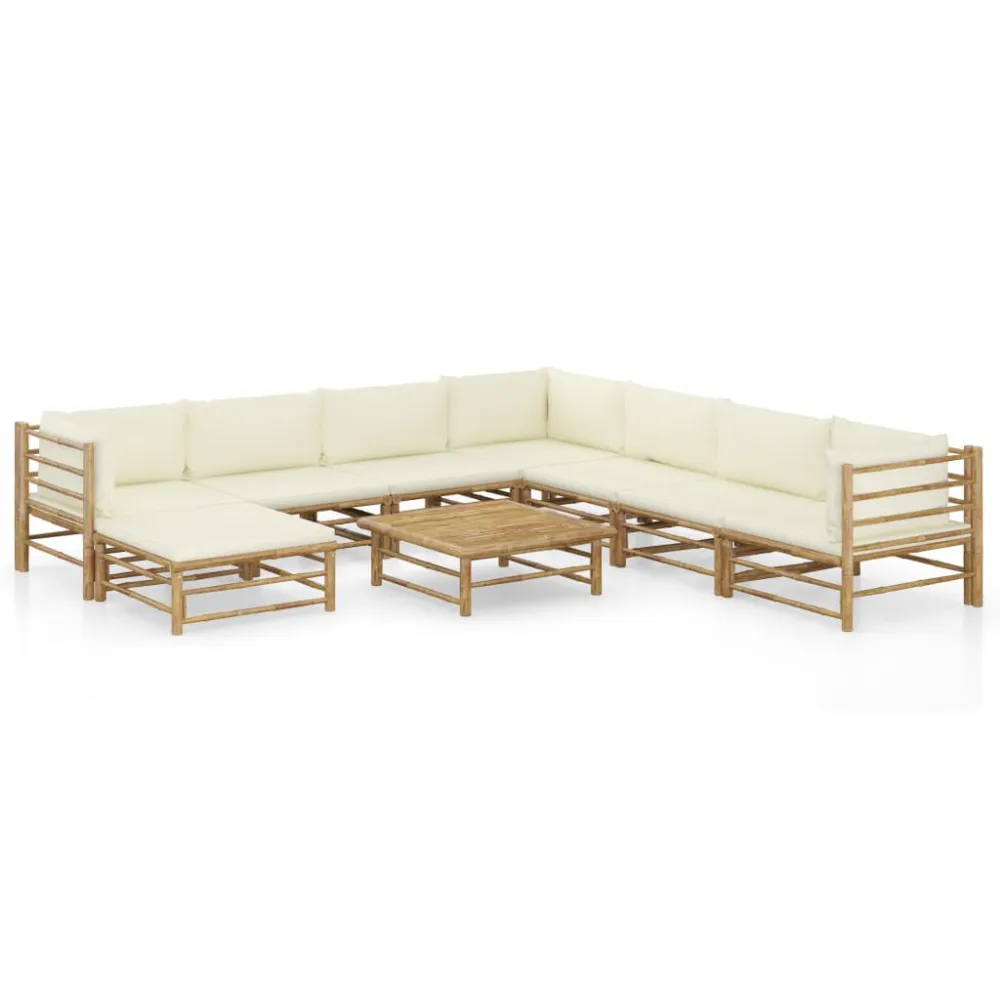 Set Salotto da Giardino 9pz con Cuscini Bianco Crema Bambù per Giardino e Spiaggia