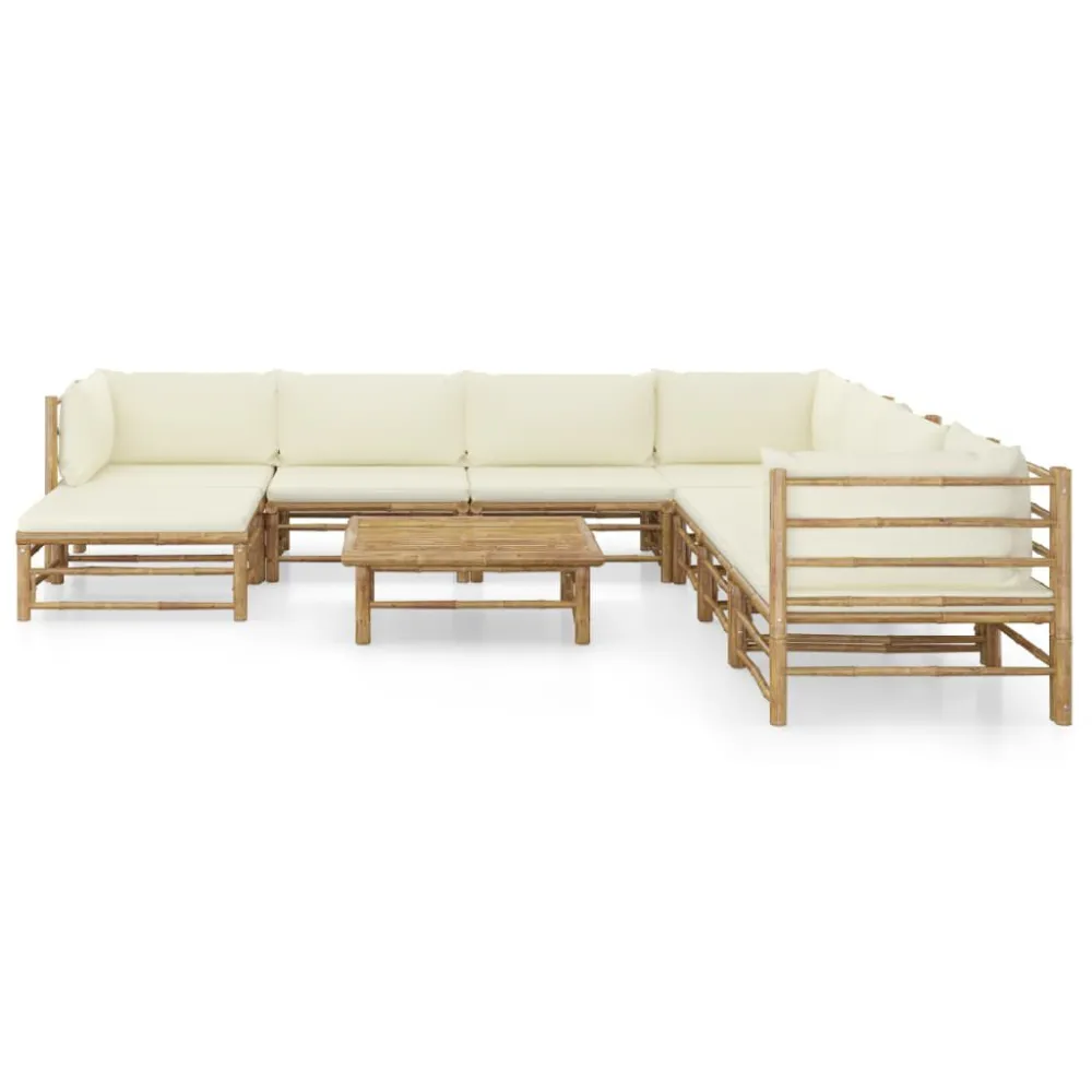 Set Salotto da Giardino 9pz con Cuscini Bianco Crema Bambù per Giardino e Spiaggia