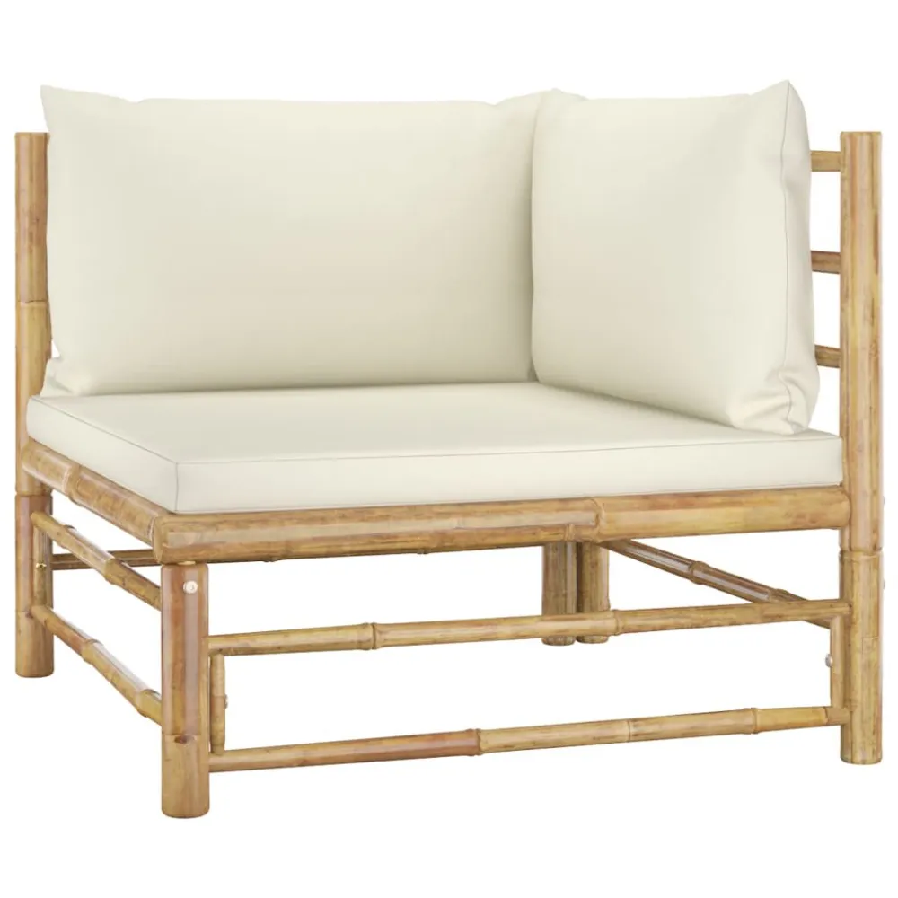 Set Salotto da Giardino 9pz con Cuscini Bianco Crema Bambù per Giardino e Spiaggia
