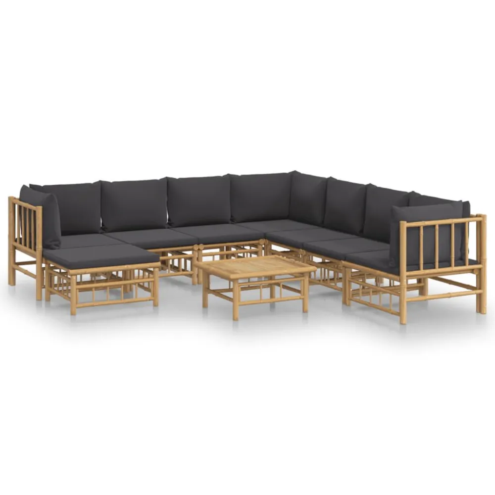 Set Salotto da Giardino 9pz con Cuscini Grigio Nero Bambù