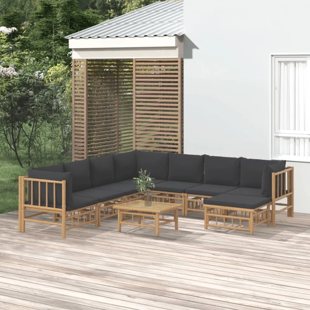 Set Salotto da Giardino 9pz con Cuscini Grigio Nero Bambù