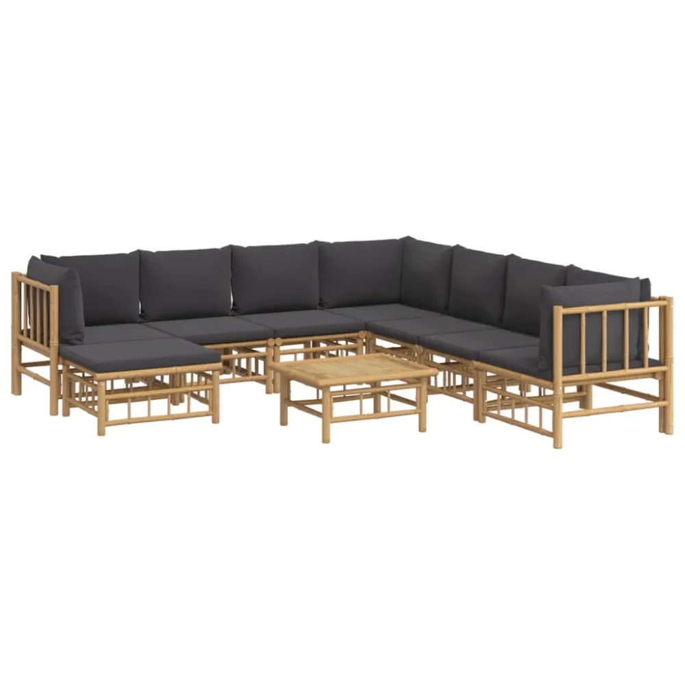 Set Salotto da Giardino 9pz con Cuscini Grigio Nero Bambù