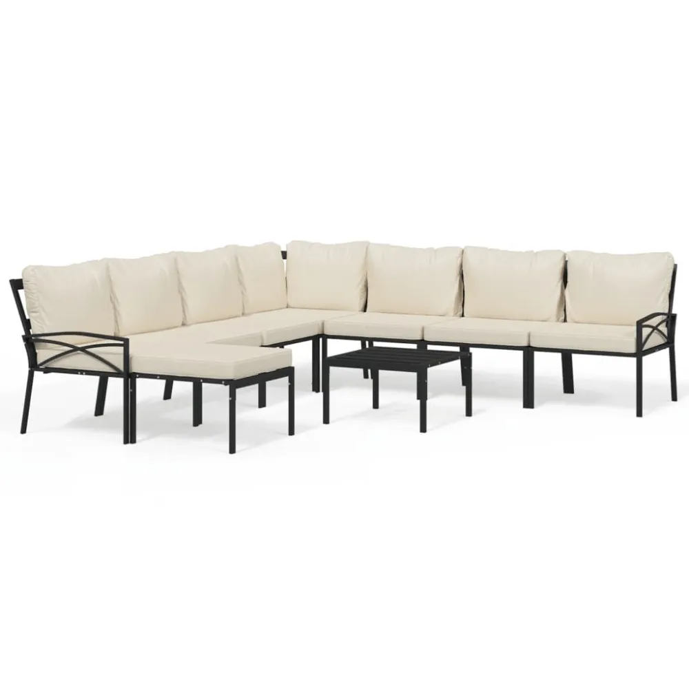 Set Salotto da Giardino 9pz con Cuscini Sabbia Acciaio - Impermeabile e UV Resistente