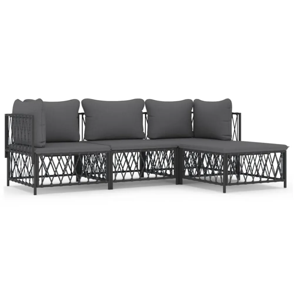 Set Salotto da Giardino 4 pz con Cuscini Acciaio Antracite con Portabicchiere Integrato