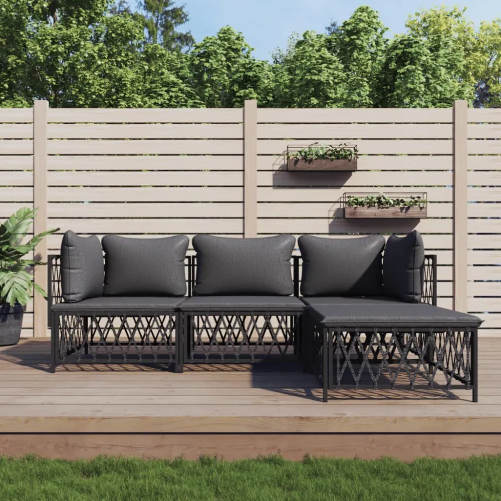 Set Salotto da Giardino 4 pz con Cuscini Acciaio Antracite con Portabicchiere Integrato