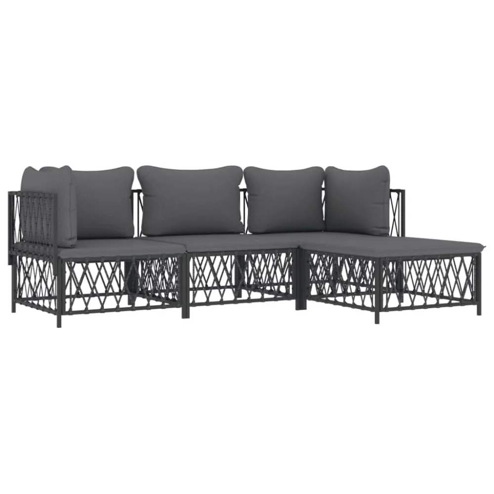 Set Salotto da Giardino 4 pz con Cuscini Acciaio Antracite con Portabicchiere Integrato