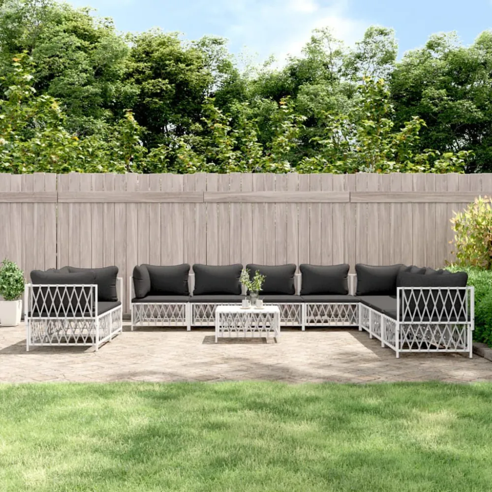 Set Salotto da Giardino 11 pz con Cuscini Acciaio Bianco Materiale Alluminio Anodizzato