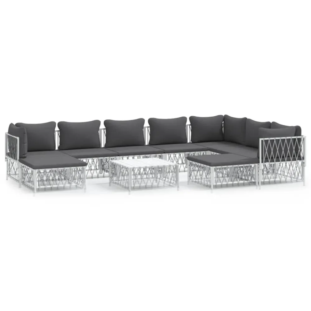 Set Salotto da Giardino 10 pz con Cuscini Acciaio Bianco con Struttura Acciaio