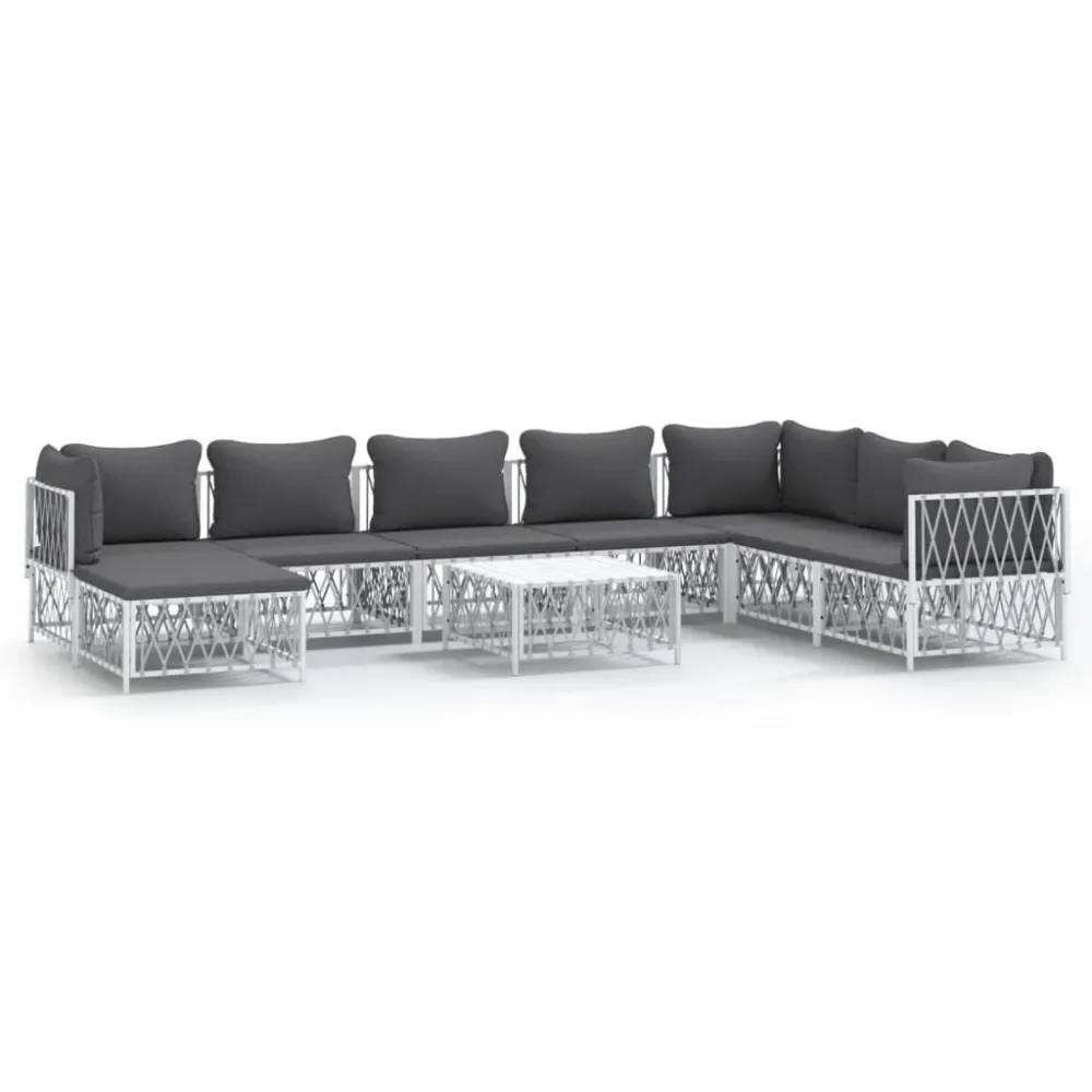 Set Salotto da Giardino 9 pz con Cuscini Acciaio Bianco con Rivestimento Tessuto