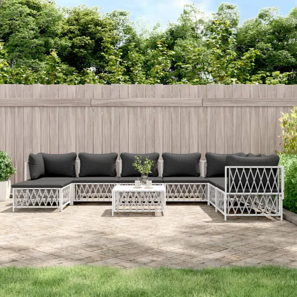 Set Salotto da Giardino 9 pz con Cuscini Acciaio Bianco con Rivestimento Tessuto