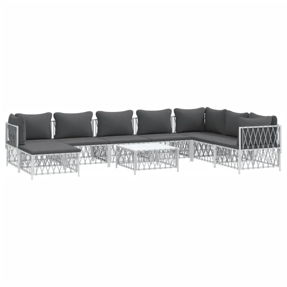 Set Salotto da Giardino 9 pz con Cuscini Acciaio Bianco con Rivestimento Tessuto