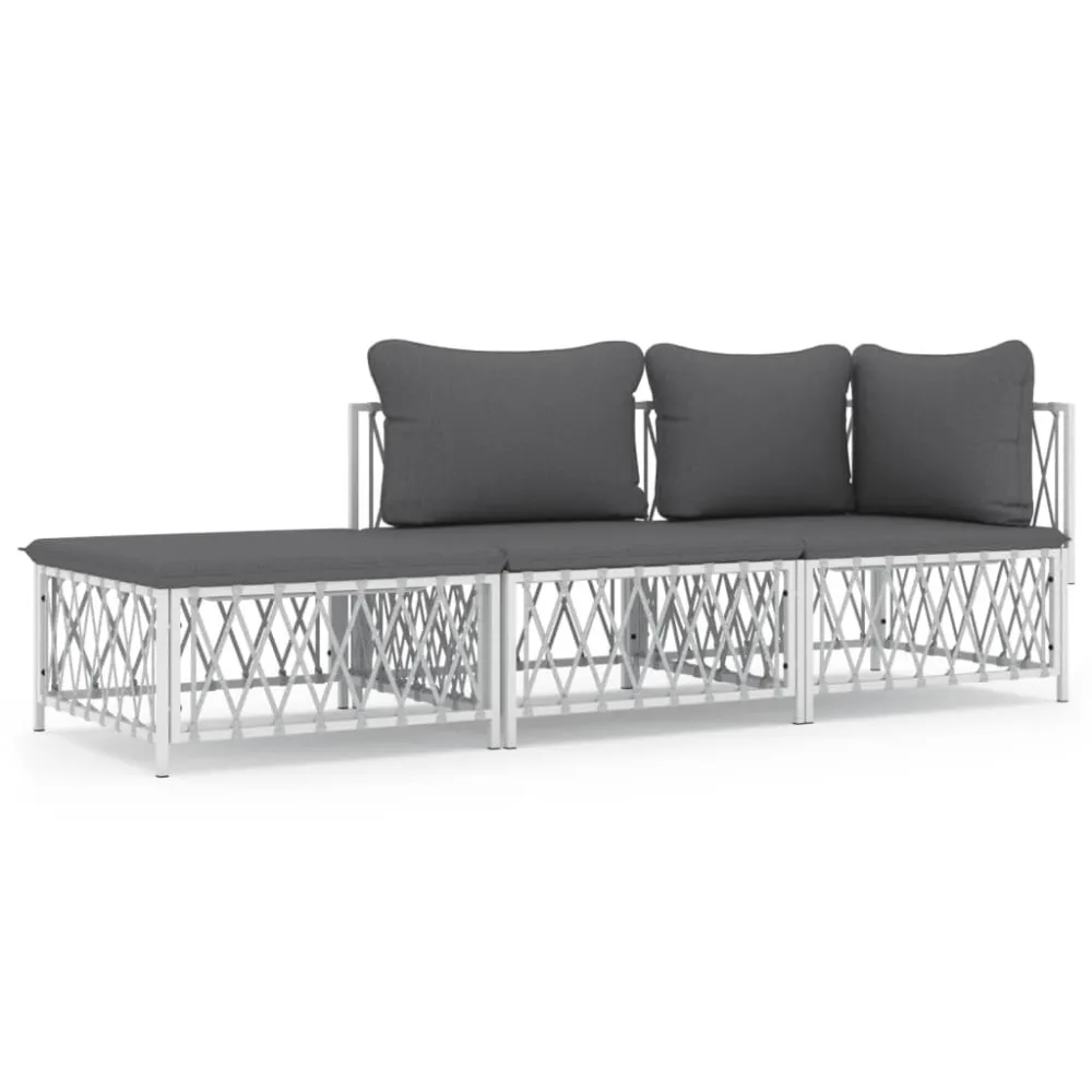 Set Salotto da Giardino 3 pz con Cuscini Acciaio Bianco | Pieghevole e Leggera