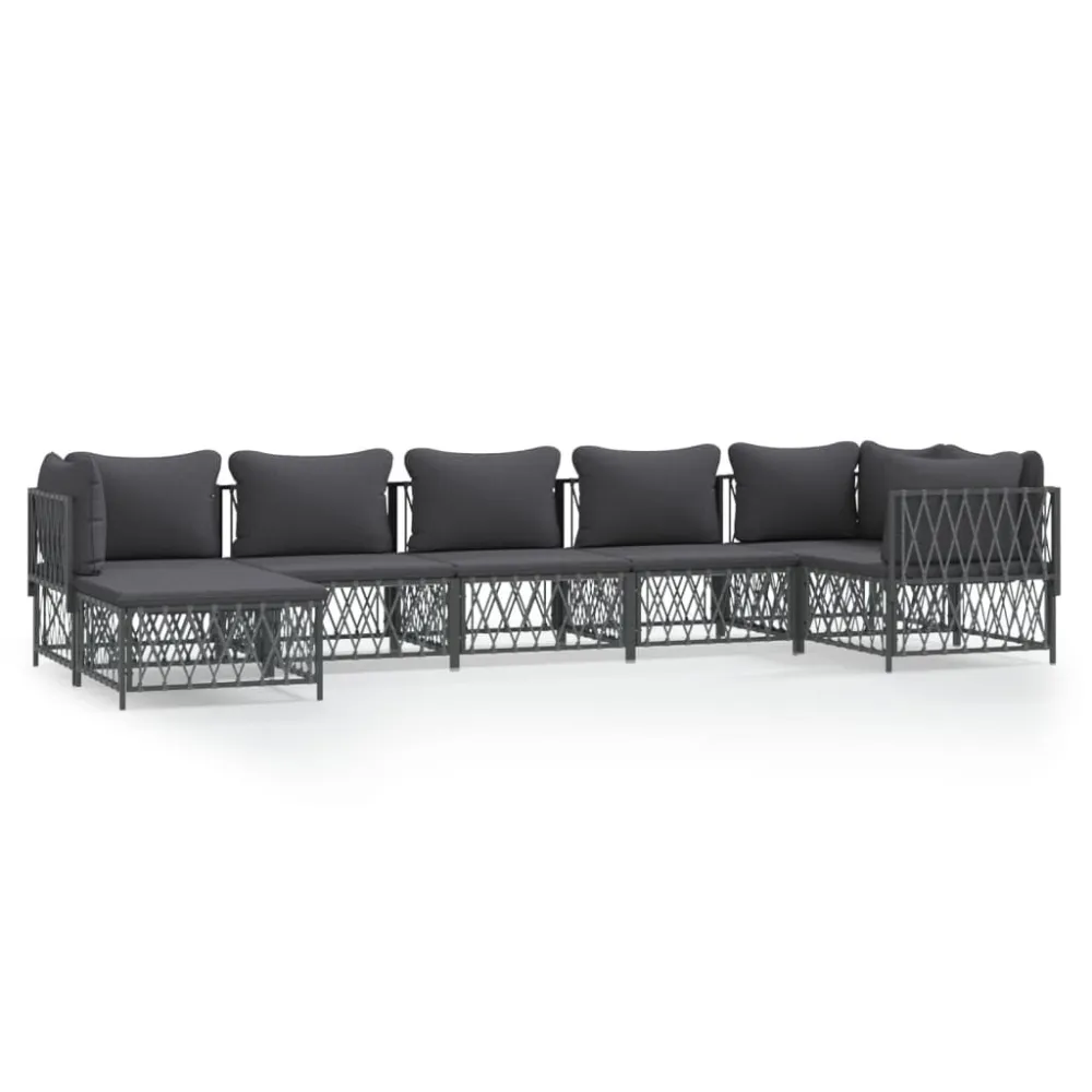 Set Salotto da Giardino 7 pz con Cuscini Antracite Acciaio con Portabicchiere Integrato