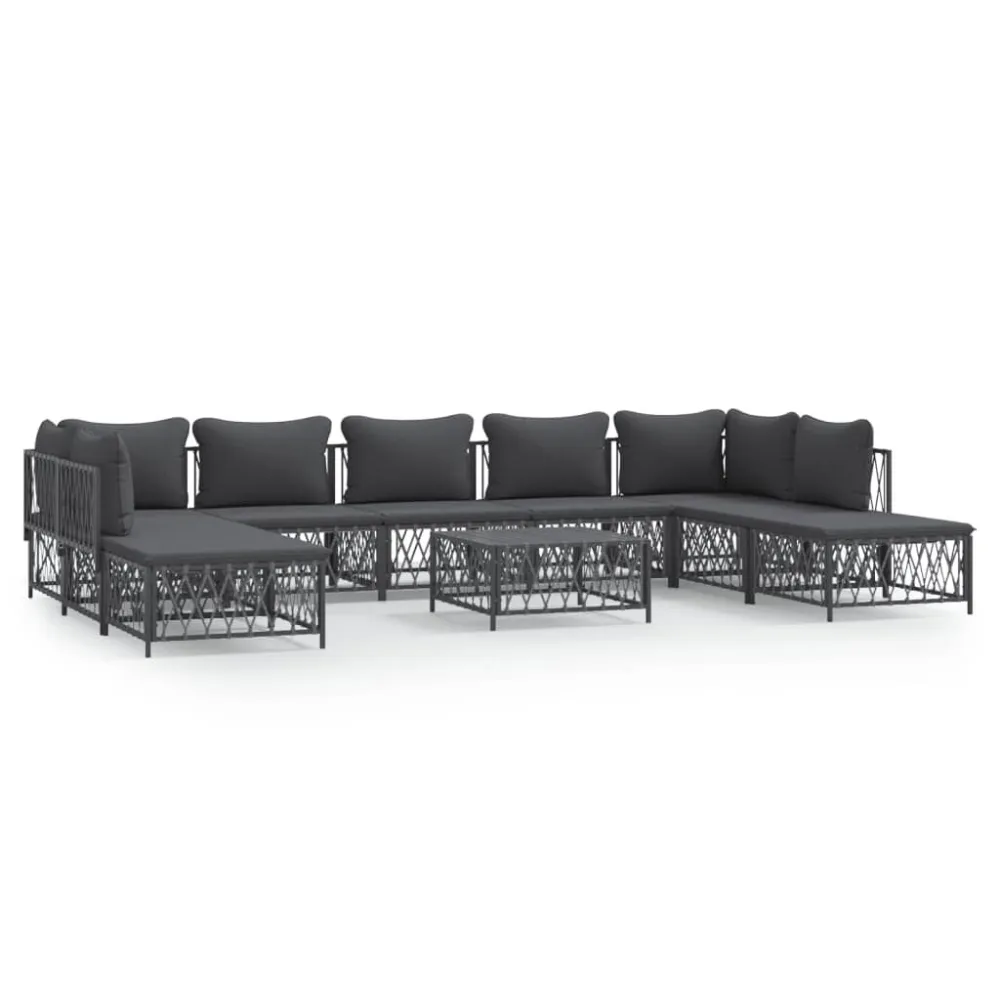 Set Salotto da Giardino 10 pz con Cuscini Antracite Acciaio con Portabicchiere Integrato