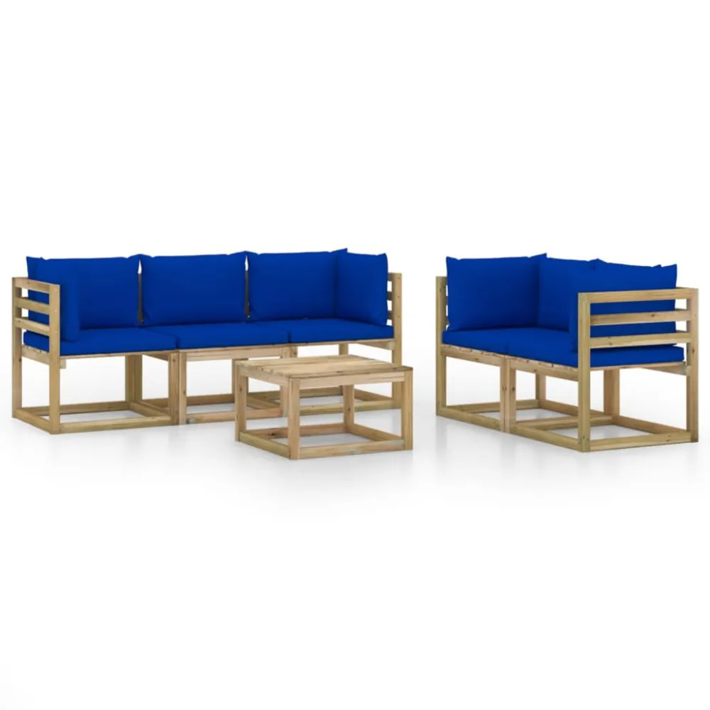 Set Salotto da Giardino 6 pz con Cuscini Blu con Sistema di Montaggio Rapido