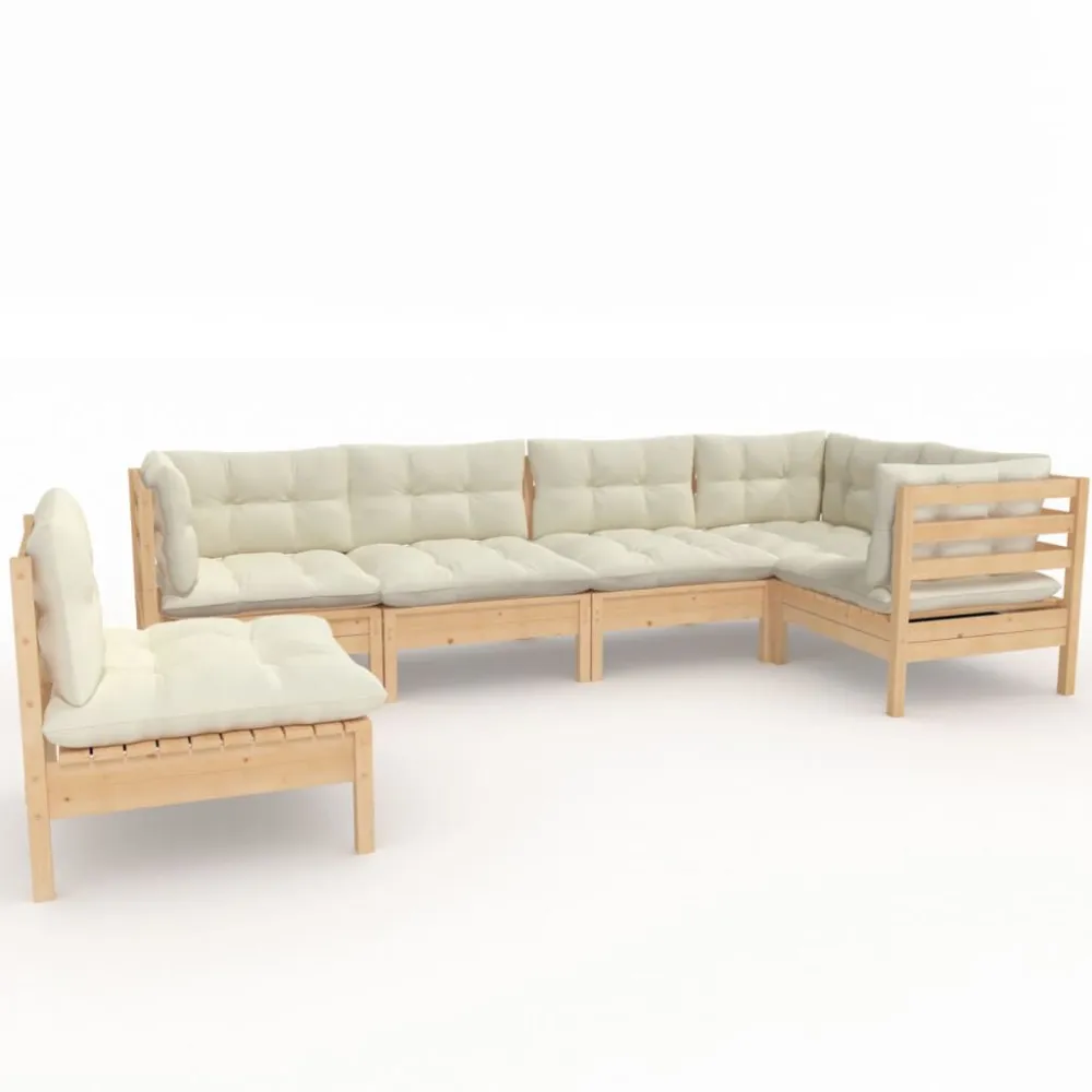Set Salotto da Giardino 6 pz con Cuscini Crema Legno di Pino per Relax all'Aperto