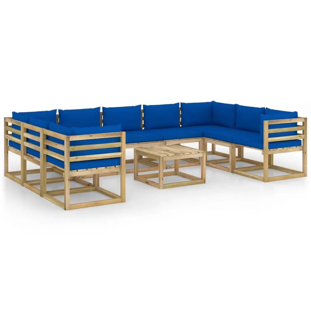 Set Salotto Giardino con Cuscini 10 pz Pino Impregnato con Struttura Acciaio