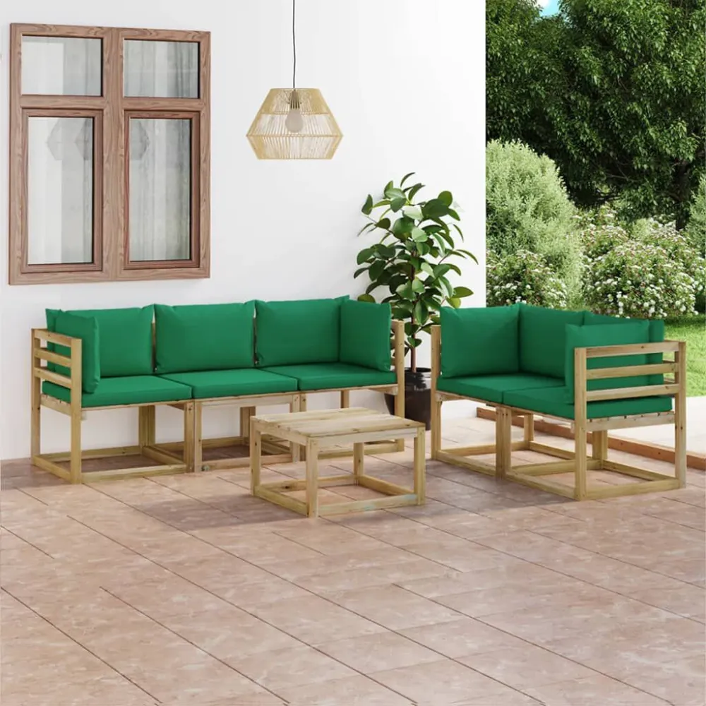 Set Salotto da Giardino 6 pz con Cuscini Verdi per Relax all'Aperto