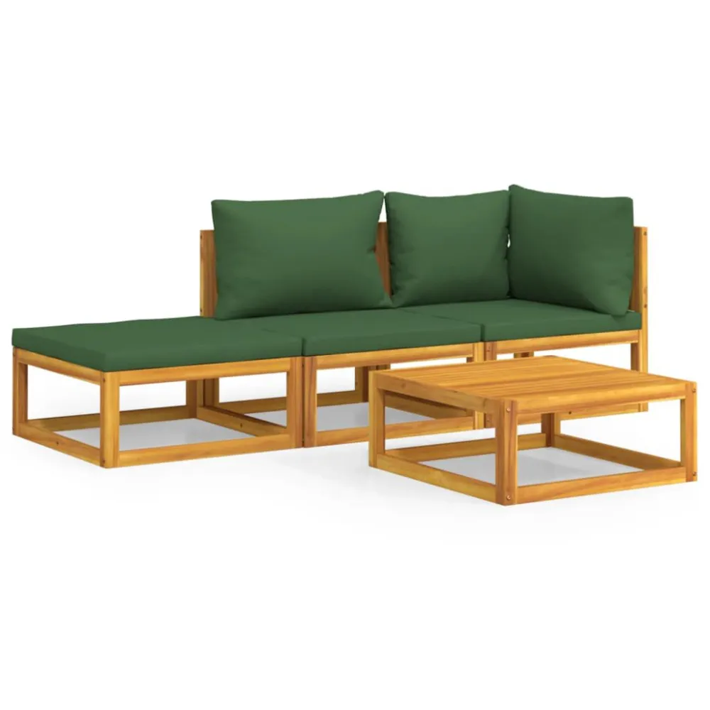 Set Salotto da Giardino 4 pz con Cuscini Verdi Legno Massello - Impermeabile e UV Resistente