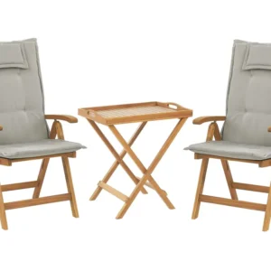 Set di 2 sedie con cuscini grigio camoscio e tavolino legno di acacia JAVA