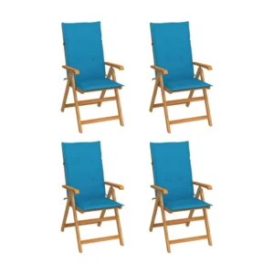 Set di 4 sedie da giardino con cuscini blu. Legno massello di teak Colori Vivaci
