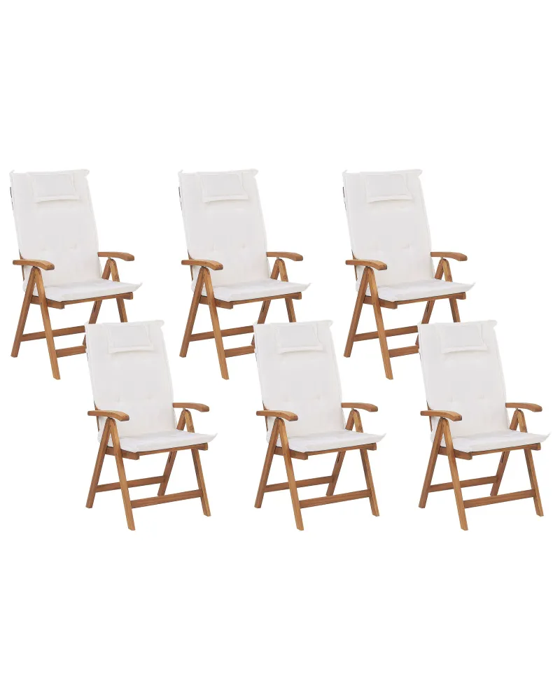 Set di 6 sedie da giardino con cuscini JAVA Legno d'acacia Bianco imbrattato