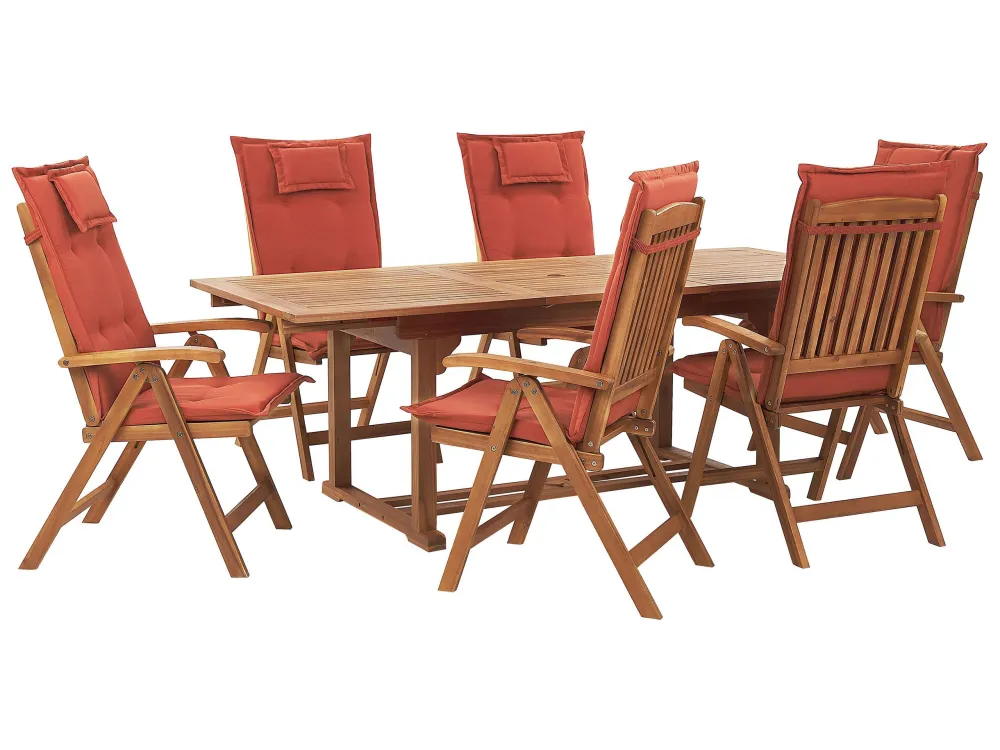Set tavolo e 6 sedie legno di acacia con cuscini terracotta JAVA con Sistema di Montaggio Rapido