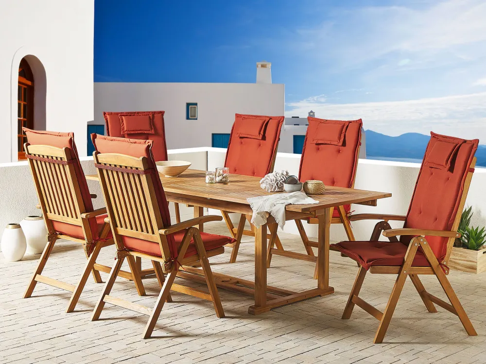 Set tavolo e 6 sedie legno di acacia con cuscini terracotta JAVA con Sistema di Montaggio Rapido