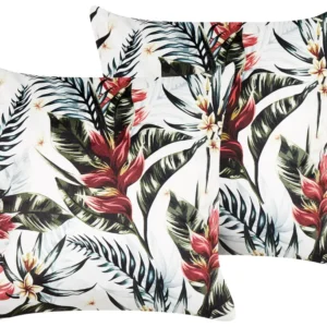 Set 2 Vellutato Cushions Leaf Pattern 45 x 45 cm Green and Red EDELWEISS
