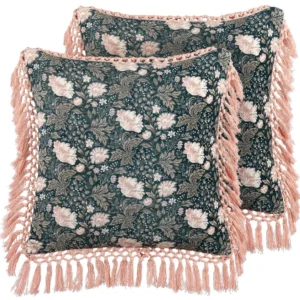 Set 2 Di velluto Cushions Flower Pattern Tassels 45 x 45 cm Blue and Pink PARROTIA