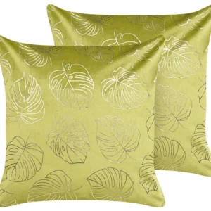 Set 2 Di velluto Cushions Leaf Pattern 45 x 45 cm Light Green MONSTERA