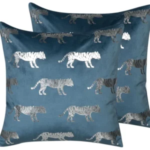 Set 2 Velluto Cushions Tiger Motif 45 x 45 cm Blue BLUEBELL