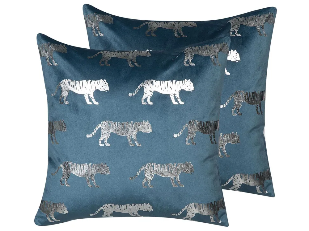 Set 2 Velluto Cushions Tiger Motif 45 x 45 cm Blue BLUEBELL