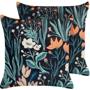 Set 2 Velvet Cushions Flower Pattern 45 x 45 cm Nero notte and Green OSMUNDA