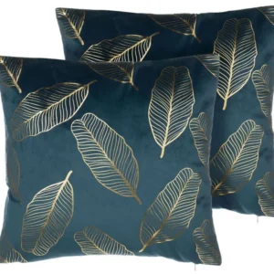 Set 2 Velvet Cushions Leaf Pattern 45 x 45 cm Teal Blue FREESIA