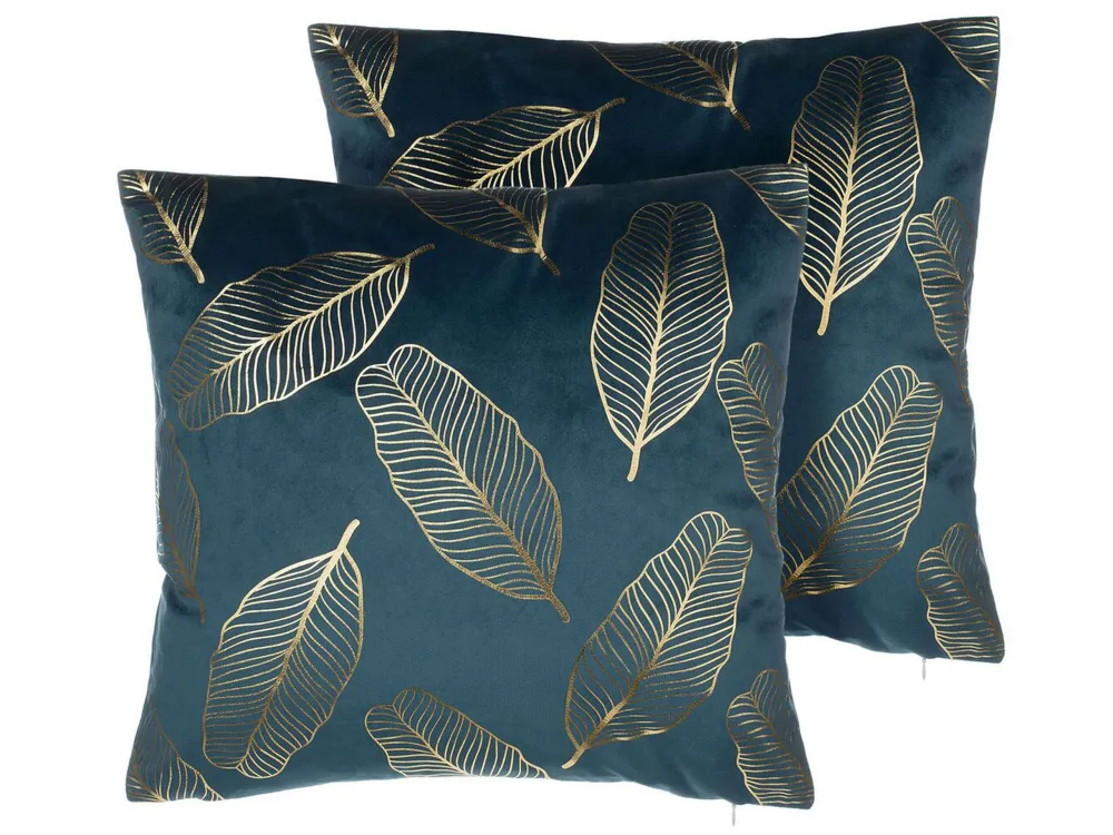 Set 2 Velvet Cushions Leaf Pattern 45 x 45 cm Teal Blue FREESIA