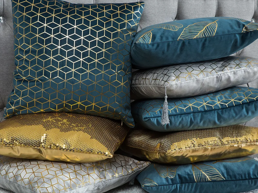 Set 2 Velvet Cushions Leaf Pattern 45 x 45 cm Teal Blue FREESIA